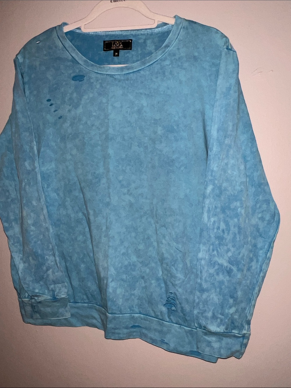 Women’s Lucky & Blessed Distressed Blue Crewneck Top Size M